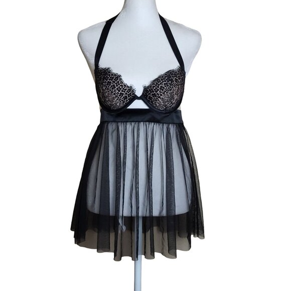 Victoria Secret Black Sheer Baby Doll Nightie 32C NEW